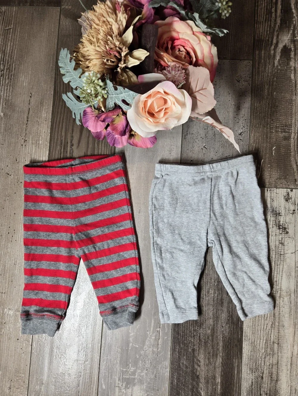 Carter’s Solid Gray & Gray‑Red Stripe Baby Leggings Set – Size 3M